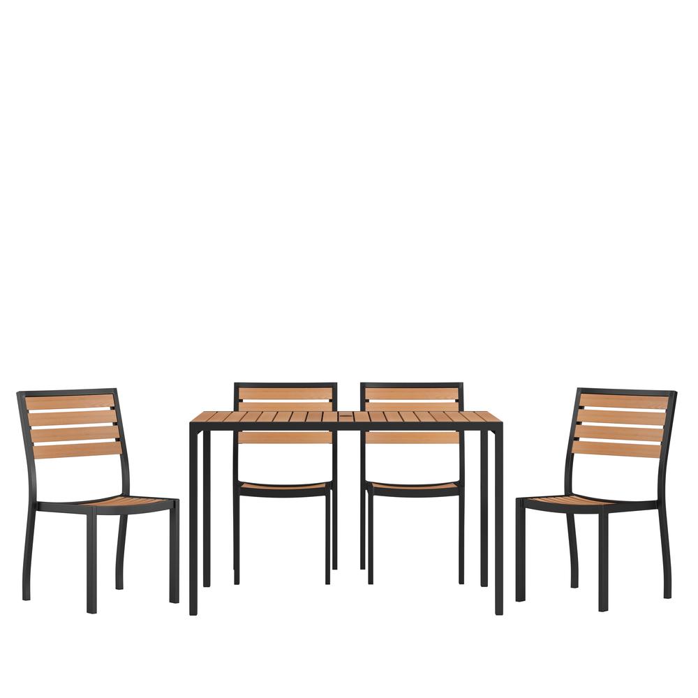 5 Piece Patio Table Set - Synthetic Teak Poly Slats - 30" X 48" Steel Framed Table With 4 Stackable Faux Teak Chairs By Flash Furniture | Outdoor Dining Sets | Modishstore - 1