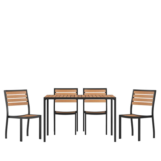 5 Piece Patio Table Set - Synthetic Teak Poly Slats - 30" X 48" Steel Framed Table With 4 Stackable Faux Teak Chairs By Flash Furniture | Outdoor Dining Sets | Modishstore - 1