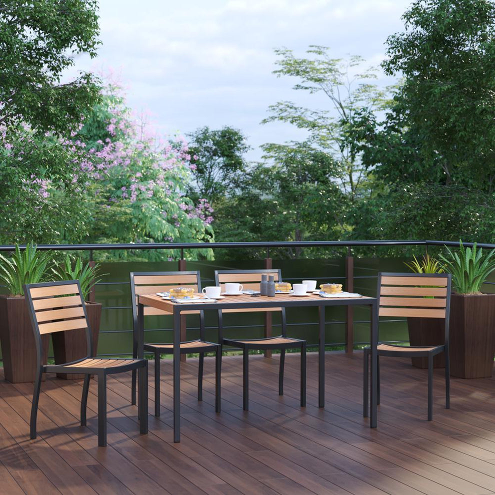 5 Piece Patio Table Set - Synthetic Teak Poly Slats - 30" X 48" Steel Framed Table With 4 Stackable Faux Teak Chairs By Flash Furniture | Outdoor Dining Sets | Modishstore - 2