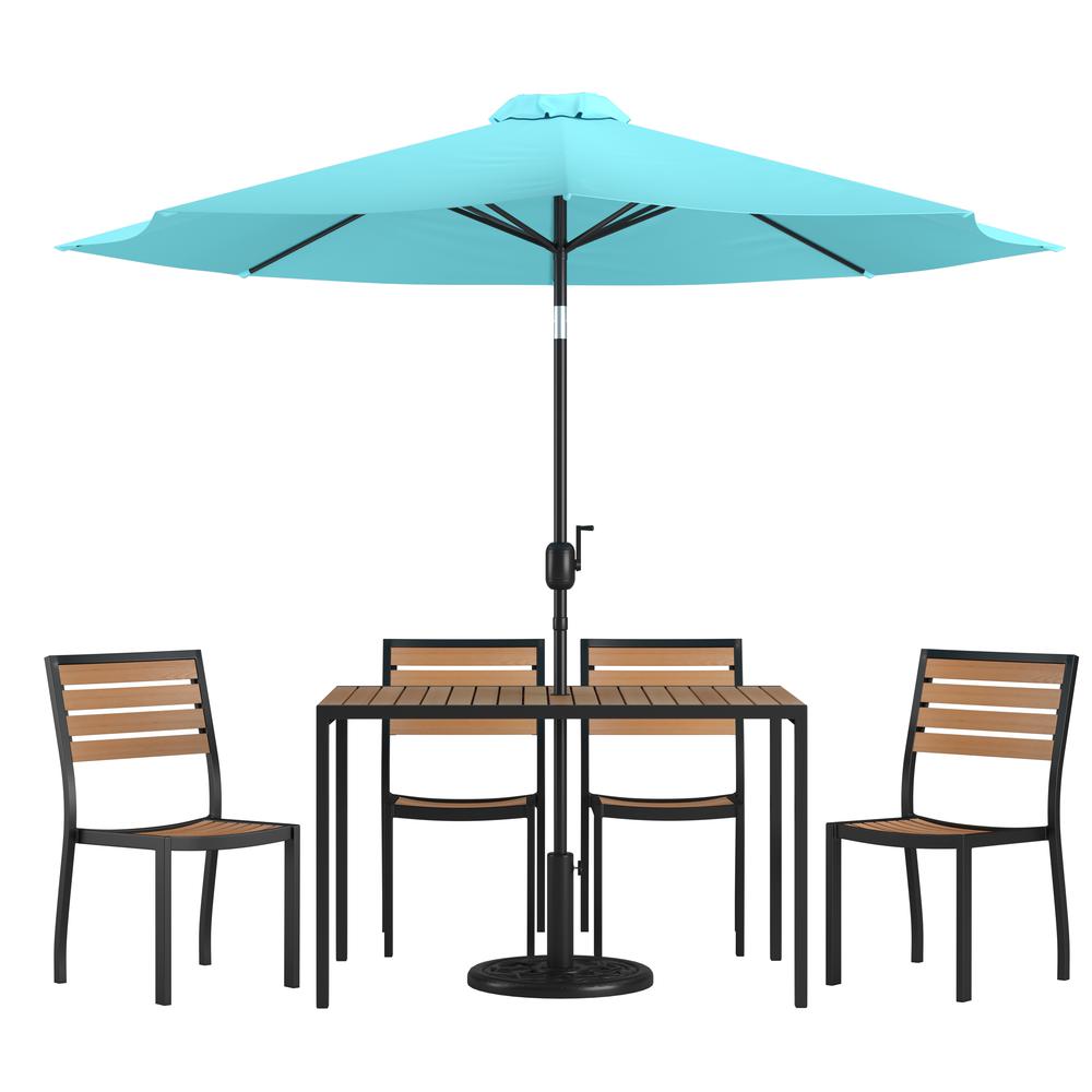 7 Piece All-Weather Deck Or Patio Set With 4 Stacking Faux Teak Chairs, 30" X 48" Faux Teak Table, Teal Umbrella & Base By Flash Furniture | Outdoor Dining Sets | Modishstore