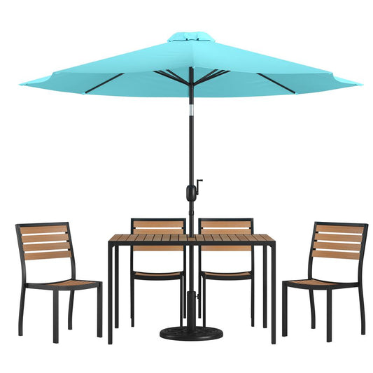 7 Piece All-Weather Deck Or Patio Set With 4 Stacking Faux Teak Chairs, 30" X 48" Faux Teak Table, Teal Umbrella & Base By Flash Furniture | Outdoor Dining Sets | Modishstore - 1