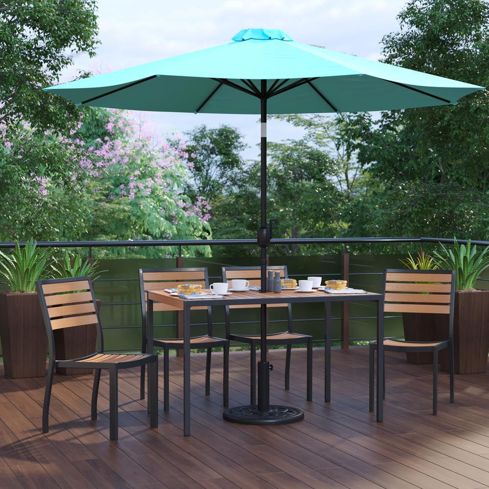 7 Piece All-Weather Deck Or Patio Set With 4 Stacking Faux Teak Chairs, 30" X 48" Faux Teak Table, Teal Umbrella & Base By Flash Furniture | Outdoor Dining Sets | Modishstore - 2