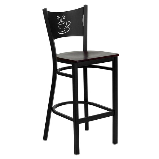 Hercules Series Black Coffee Back Metal Restaurant Barstool - Mahogany Wood Seat By Flash Furniture | Bar Stools | Modishstore