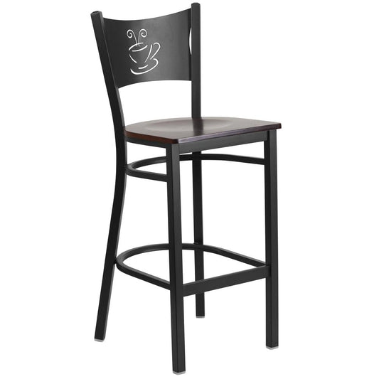 Hercules Series Black Coffee Back Metal Restaurant Barstool - Walnut Wood Seat By Flash Furniture | Bar Stools | Modishstore