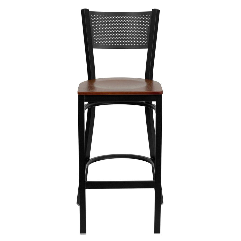 Hercules Series Black Grid Back Metal Restaurant Barstool - Cherry Wood Seat By Flash Furniture | Bar Stools | Modishstore - 4