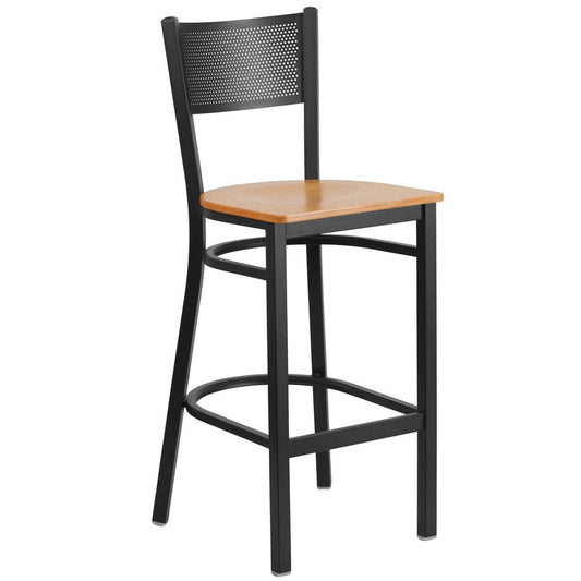 Hercules Series Black Grid Back Metal Restaurant Barstool - Natural Wood Seat By Flash Furniture | Bar Stools | Modishstore - 1
