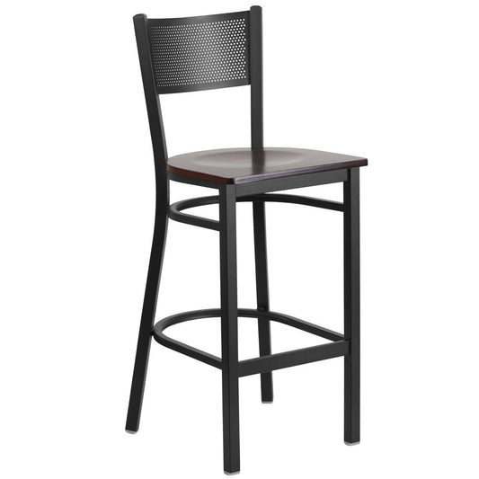 Hercules Series Black Grid Back Metal Restaurant Barstool - Walnut Wood Seat By Flash Furniture | Bar Stools | Modishstore - 1