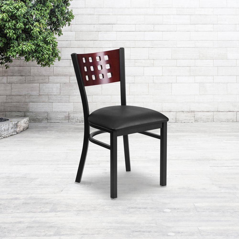 Hercules Series Black Cutout Back Metal Restaurant Chair - Mahogany Wood Back, Black Vinyl Seat By Flash Furniture | Dining Chairs | Modishstore - 1