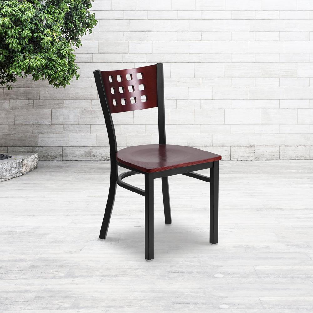 Hercules Series Black Cutout Back Metal Restaurant Chair - Mahogany Wood Back & Seat By Flash Furniture | Dining Chairs | Modishstore