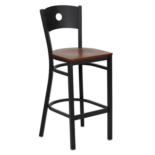 Hercules Series Black Circle Back Metal Restaurant Barstool - Cherry Wood Seat By Flash Furniture | Bar Stools | Modishstore