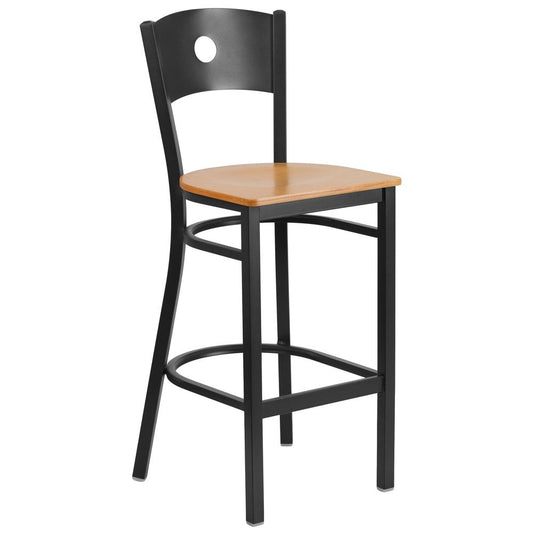 Hercules Series Black Circle Back Metal Restaurant Barstool - Natural Wood Seat By Flash Furniture | Bar Stools | Modishstore