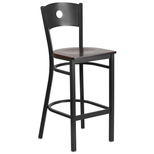 Hercules Series Black Circle Back Metal Restaurant Barstool - Walnut Wood Seat By Flash Furniture | Bar Stools | Modishstore - 1
