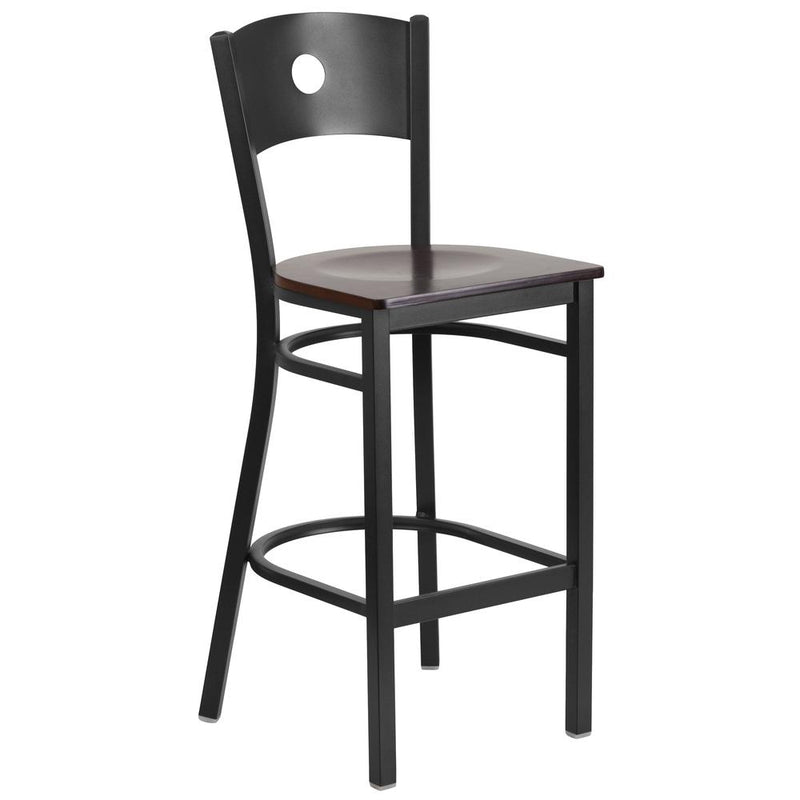 Hercules Series Black Circle Back Metal Restaurant Barstool - Walnut Wood Seat By Flash Furniture | Bar Stools | Modishstore