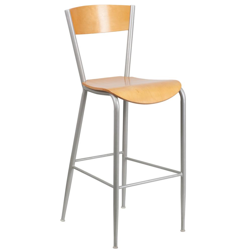 Invincible Series Silver Metal Restaurant Barstool - Natural Wood Back & Seat By Flash Furniture | Bar Stools | Modishstore - 1