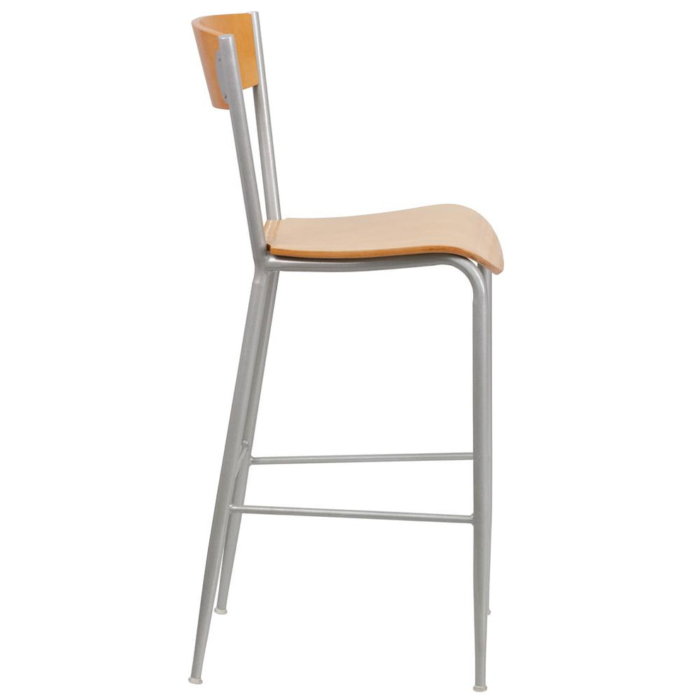 Invincible Series Silver Metal Restaurant Barstool - Natural Wood Back & Seat By Flash Furniture | Bar Stools | Modishstore - 2