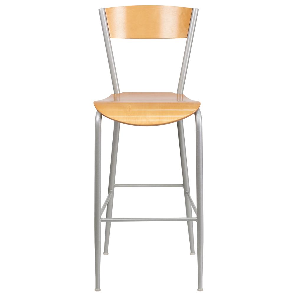 Invincible Series Silver Metal Restaurant Barstool - Natural Wood Back & Seat By Flash Furniture | Bar Stools | Modishstore - 4