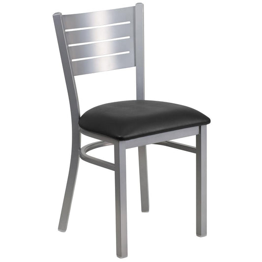 Hercules Series Silver Slat Back Metal Restaurant Chair - Black Vinyl Seat By Flash Furniture | Dining Chairs | Modishstore - 1
