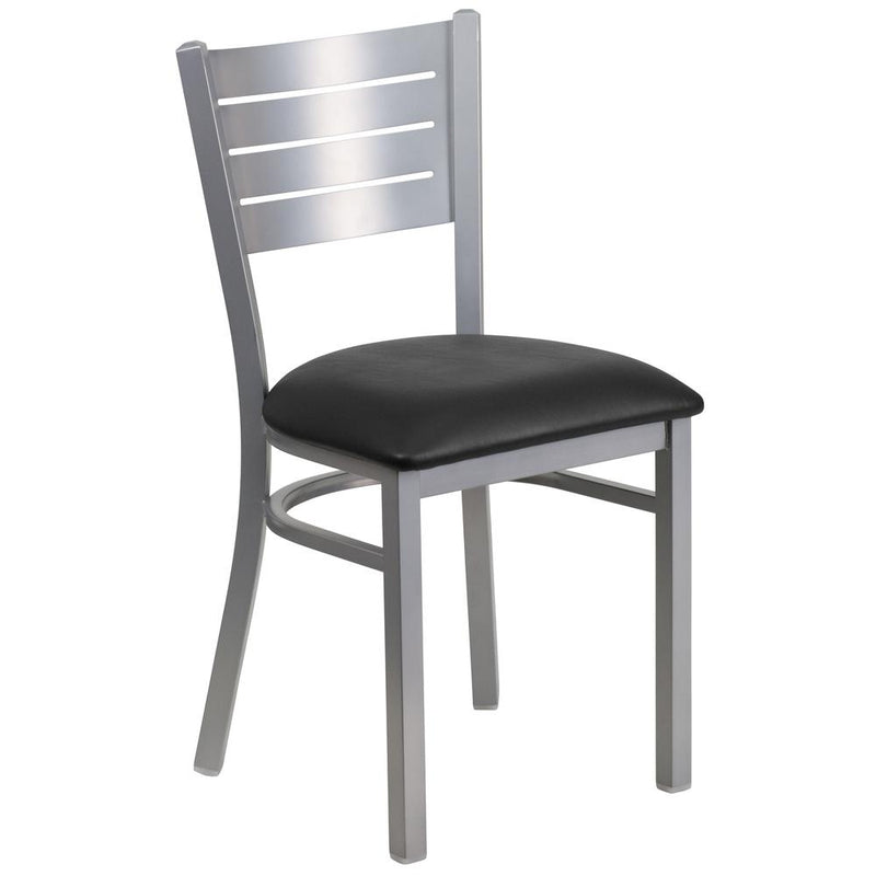 Hercules Series Silver Slat Back Metal Restaurant Chair - Black Vinyl Seat By Flash Furniture | Dining Chairs | Modishstore - 1