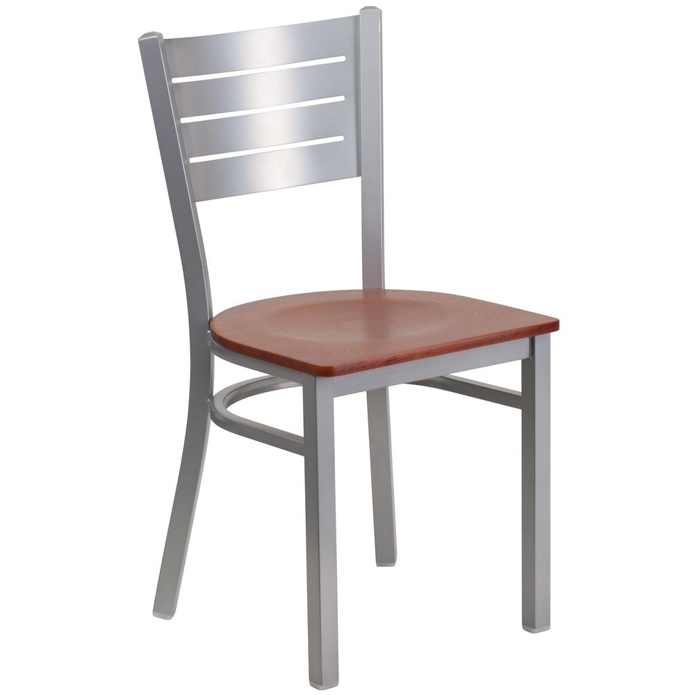 Hercules Series Silver Slat Back Metal Restaurant Chair - Cherry Wood Seat By Flash Furniture | Dining Chairs | Modishstore - 1