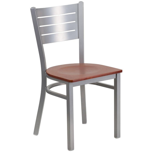 Hercules Series Silver Slat Back Metal Restaurant Chair - Cherry Wood Seat By Flash Furniture | Dining Chairs | Modishstore - 1