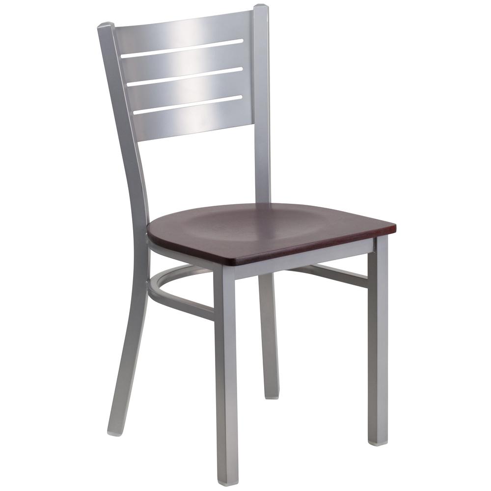 Hercules Series Silver Slat Back Metal Restaurant Chair - Mahogany Wood Seat By Flash Furniture | Dining Chairs | Modishstore - 1