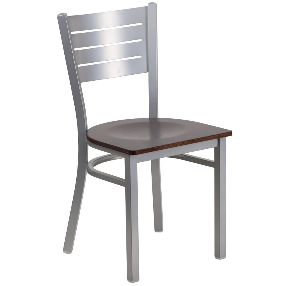 Hercules Series Silver Slat Back Metal Restaurant Chair - Walnut Wood Seat By Flash Furniture | Dining Chairs | Modishstore - 1