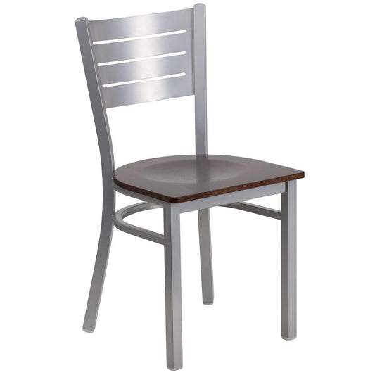 Hercules Series Silver Slat Back Metal Restaurant Chair - Walnut Wood Seat By Flash Furniture | Dining Chairs | Modishstore - 1