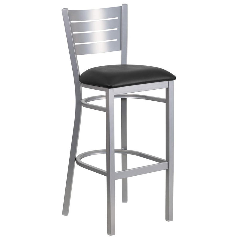 Hercules Series Silver Slat Back Metal Restaurant Barstool - Black Vinyl Seat By Flash Furniture | Bar Stools | Modishstore - 1