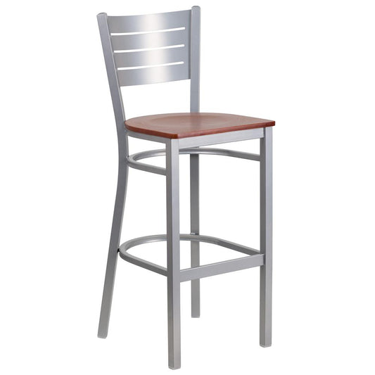 Hercules Series Silver Slat Back Metal Restaurant Barstool - Cherry Wood Seat By Flash Furniture | Bar Stools | Modishstore