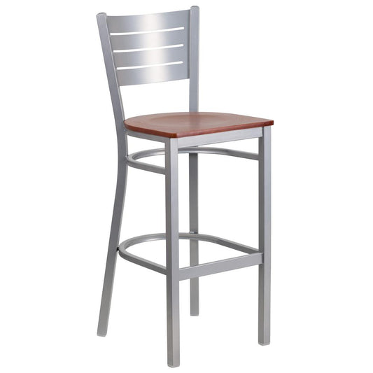 Hercules Series Silver Slat Back Metal Restaurant Barstool - Cherry Wood Seat By Flash Furniture | Bar Stools | Modishstore - 1