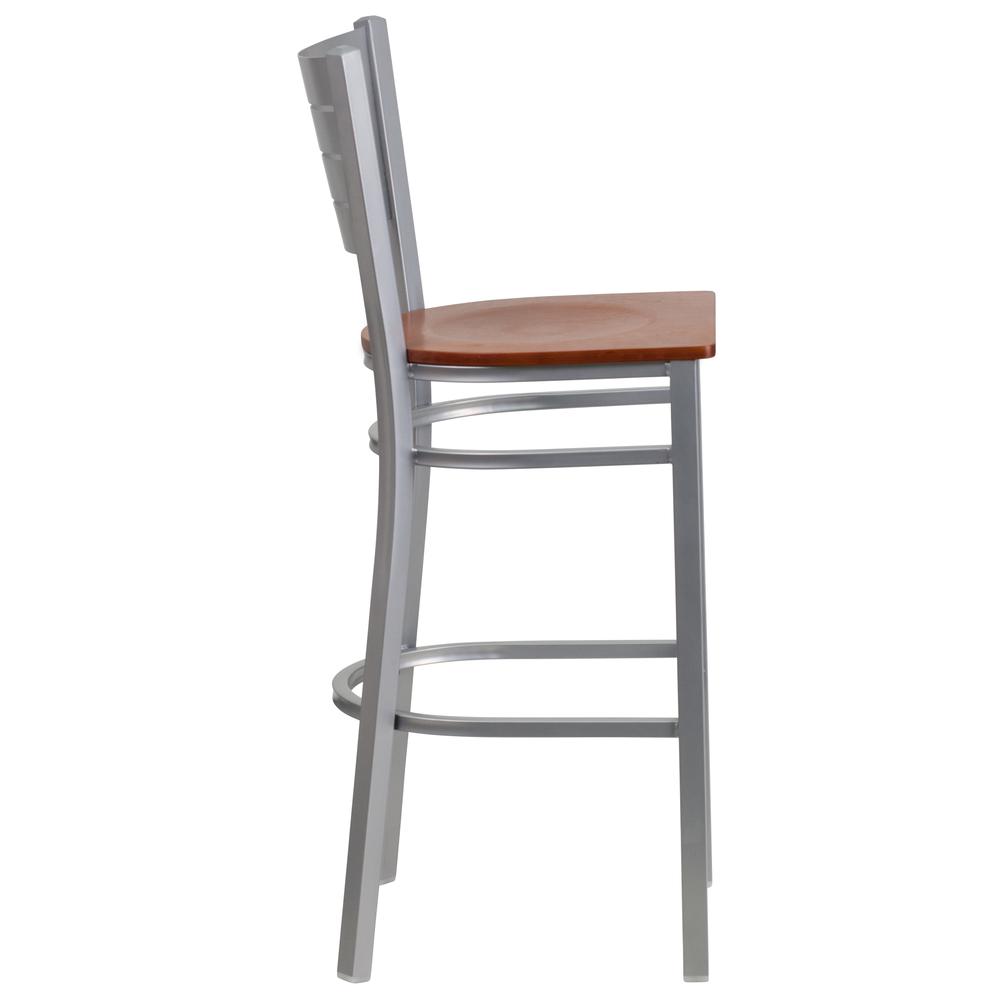 Hercules Series Silver Slat Back Metal Restaurant Barstool - Cherry Wood Seat By Flash Furniture | Bar Stools | Modishstore - 3