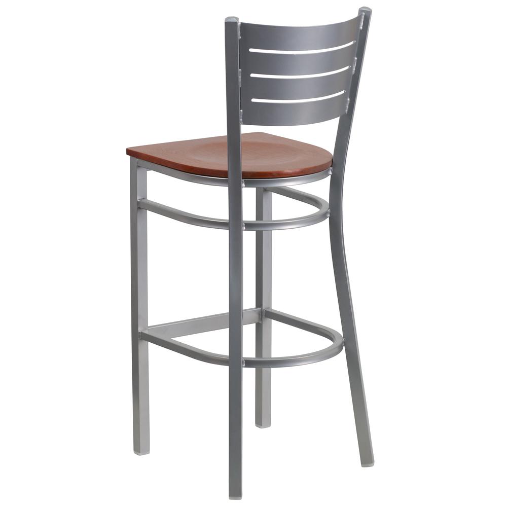 Hercules Series Silver Slat Back Metal Restaurant Barstool - Cherry Wood Seat By Flash Furniture | Bar Stools | Modishstore - 2