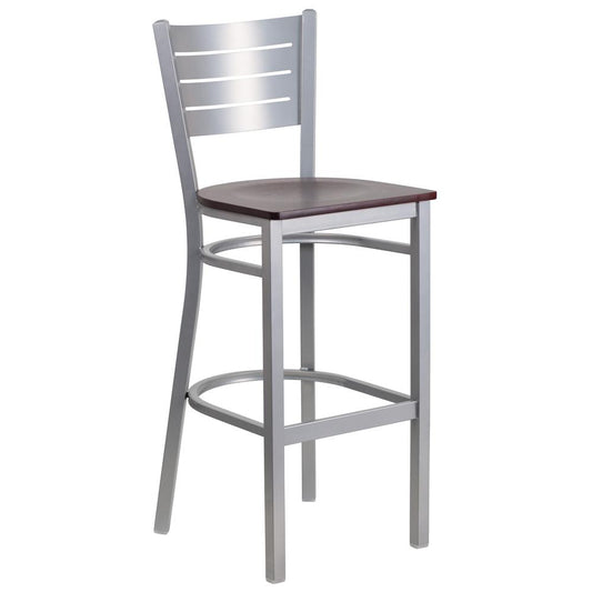 Hercules Series Silver Slat Back Metal Restaurant Barstool - Mahogany Wood Seat By Flash Furniture | Bar Stools | Modishstore