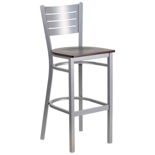 Hercules Series Silver Slat Back Metal Restaurant Barstool - Walnut Wood Seat By Flash Furniture | Bar Stools | Modishstore - 1