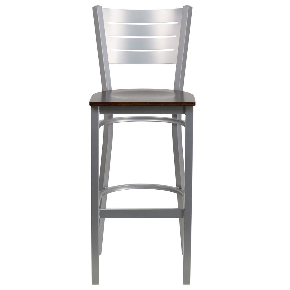 Hercules Series Silver Slat Back Metal Restaurant Barstool - Walnut Wood Seat By Flash Furniture | Bar Stools | Modishstore - 4