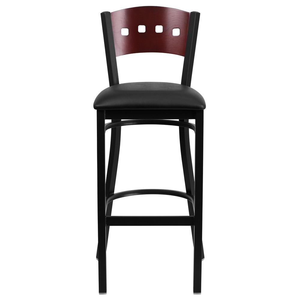 Hercules Series Black 4 Square Back Metal Restaurant Barstool - Mahogany Wood Back, Black Vinyl Seat By Flash Furniture | Bar Stools | Modishstore - 4