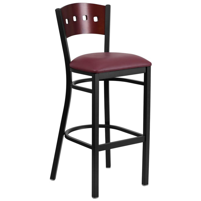 Hercules Series Black 4 Square Back Metal Restaurant Barstool - Mahogany Wood Back, Burgundy Vinyl Seat By Flash Furniture | Bar Stools | Modishstore - 1