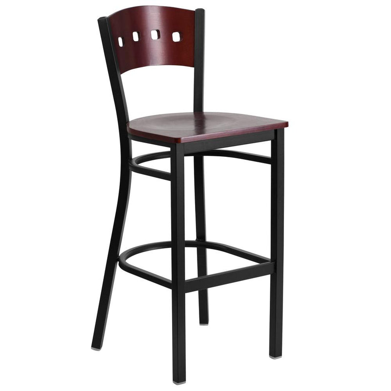 Hercules Series Black 4 Square Back Metal Restaurant Barstool - Mahogany Wood Back & Seat By Flash Furniture | Bar Stools | Modishstore - 1