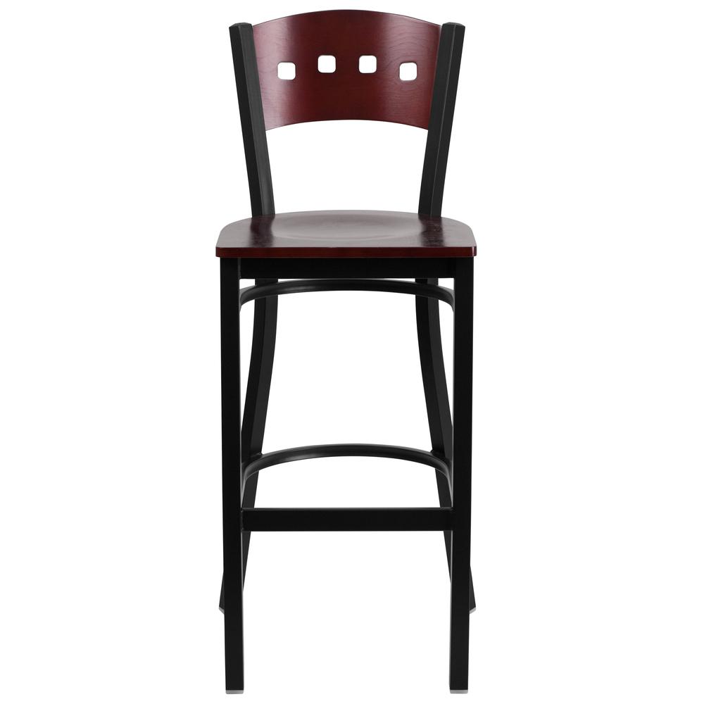 Hercules Series Black 4 Square Back Metal Restaurant Barstool - Mahogany Wood Back & Seat By Flash Furniture | Bar Stools | Modishstore - 4