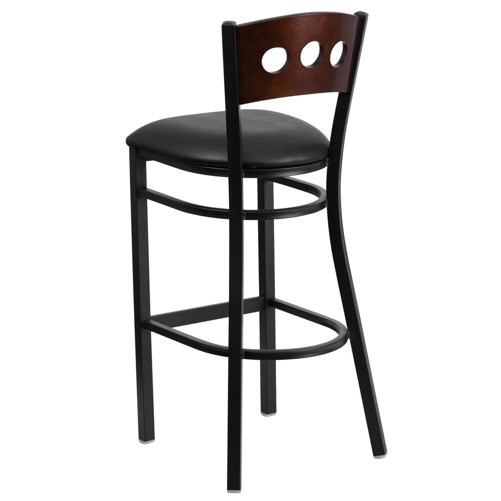 Hercules Series Black 3 Circle Back Metal Restaurant Barstool - Walnut Wood Back, Black Vinyl Seat By Flash Furniture | Bar Stools | Modishstore - 3