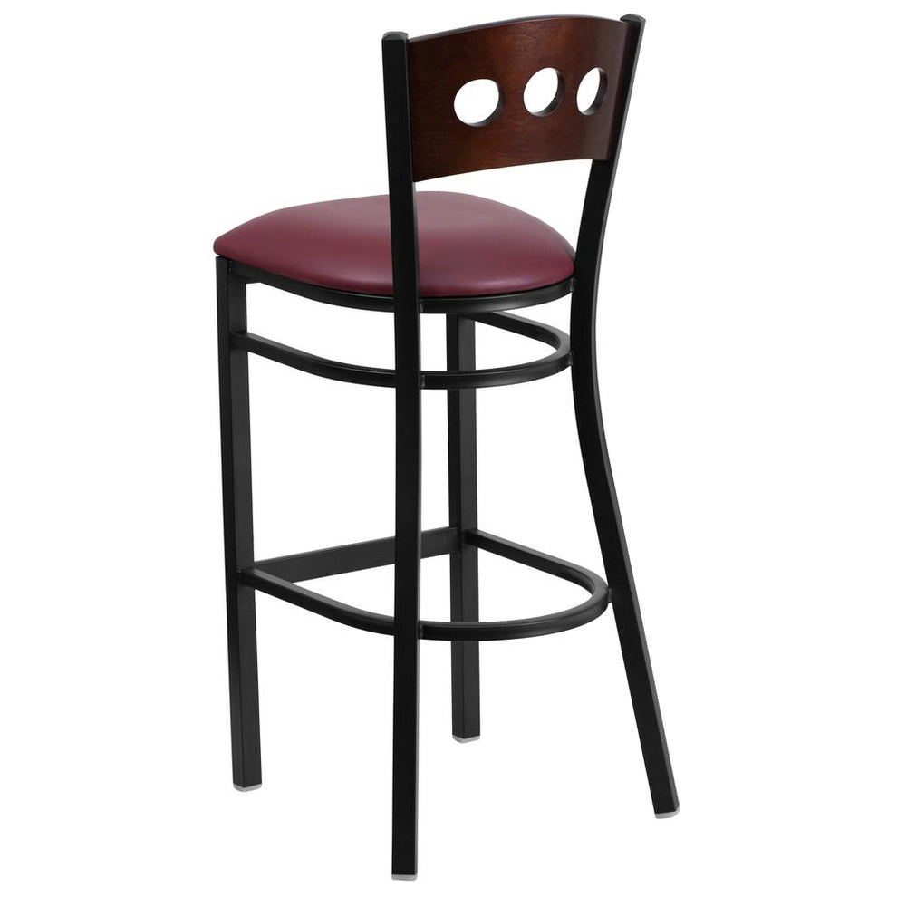 Hercules Series Black 3 Circle Back Metal Restaurant Barstool - Walnut Wood Back, Burgundy Vinyl Seat By Flash Furniture | Bar Stools | Modishstore - 3