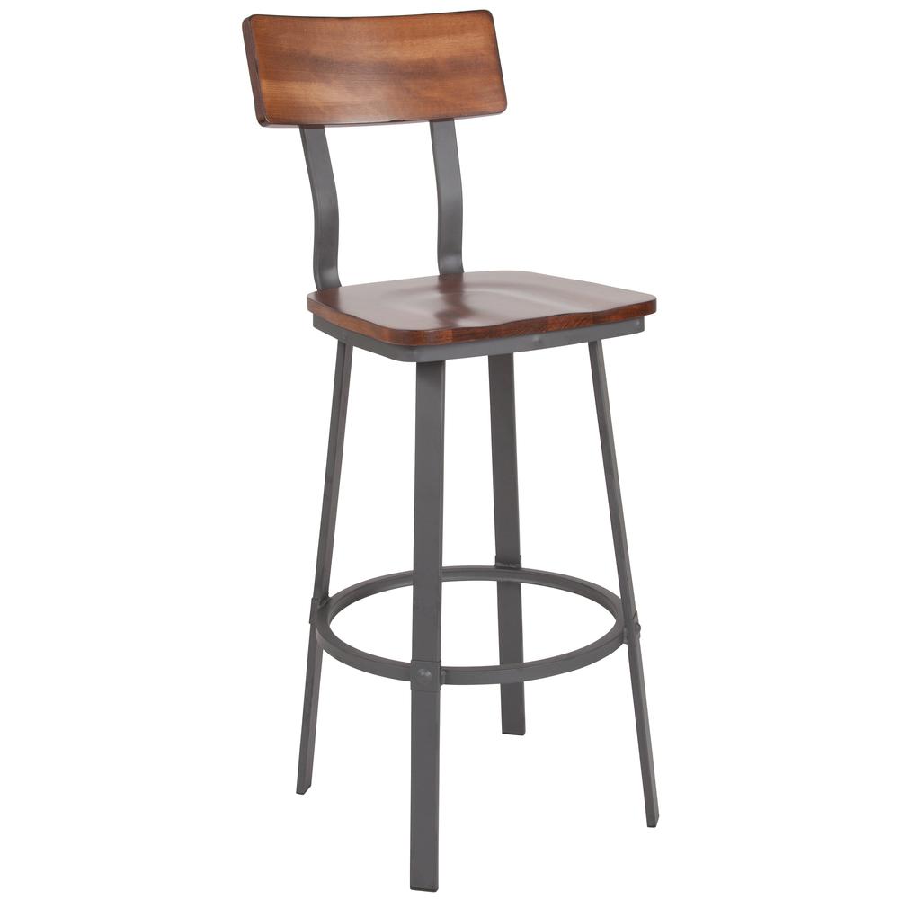 Flint Series Rustic Walnut Restaurant Barstool With Wood Seat & Back And Gray Powder Coat Frame By Flash Furniture | Bar Stools | Modishstore - 2