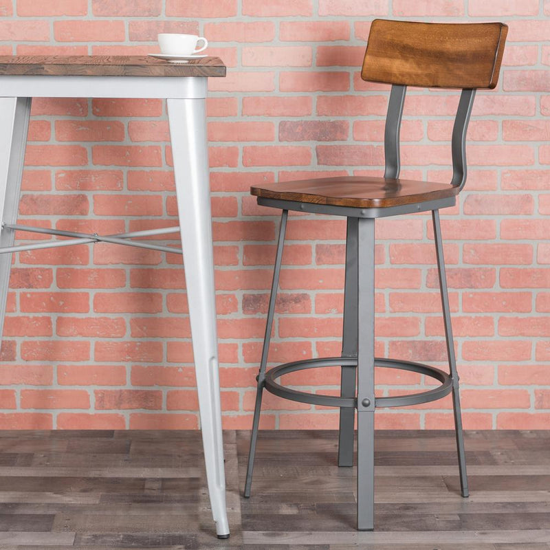Flint Series Rustic Walnut Restaurant Barstool With Wood Seat & Back And Gray Powder Coat Frame By Flash Furniture | Bar Stools | Modishstore - 1