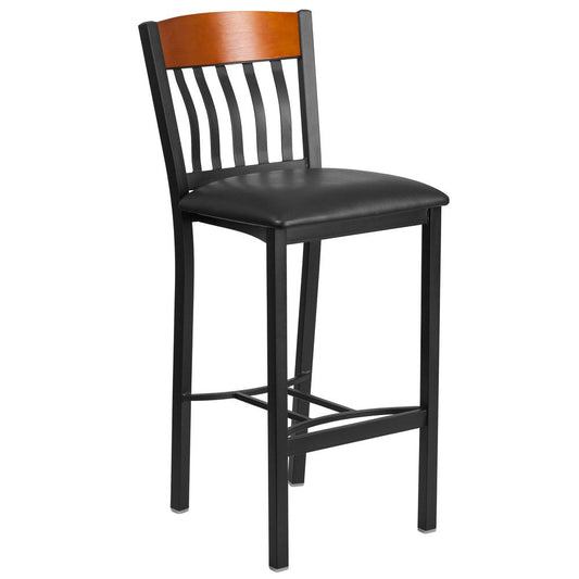 Eclipse Series Vertical Back Black Metal And Cherry Wood Restaurant Barstool With Black Vinyl Seat By Flash Furniture | Bar Stools | Modishstore