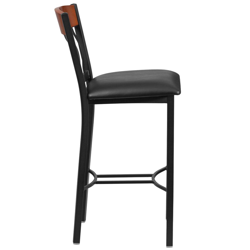 Eclipse Series Vertical Back Black Metal And Cherry Wood Restaurant Barstool With Black Vinyl Seat By Flash Furniture | Bar Stools | Modishstore - 2