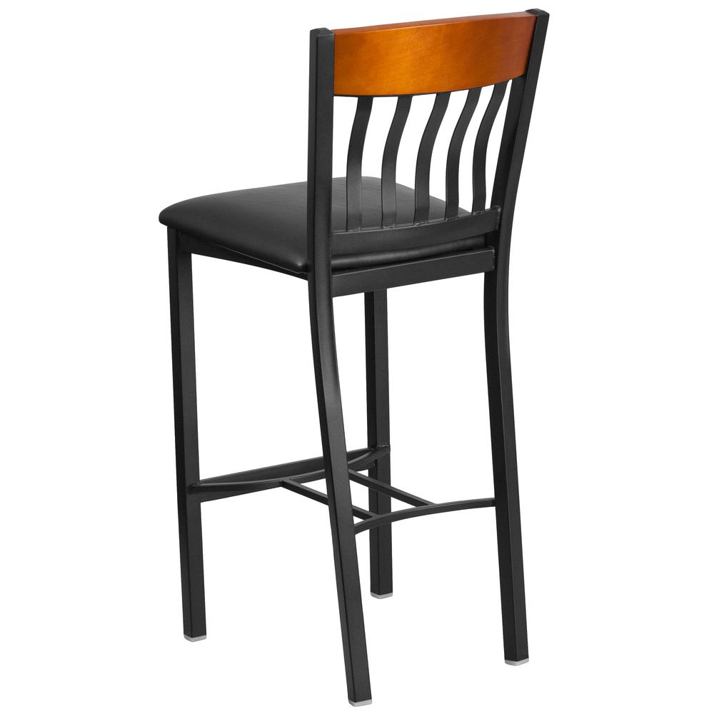 Eclipse Series Vertical Back Black Metal And Cherry Wood Restaurant Barstool With Black Vinyl Seat By Flash Furniture | Bar Stools | Modishstore - 3