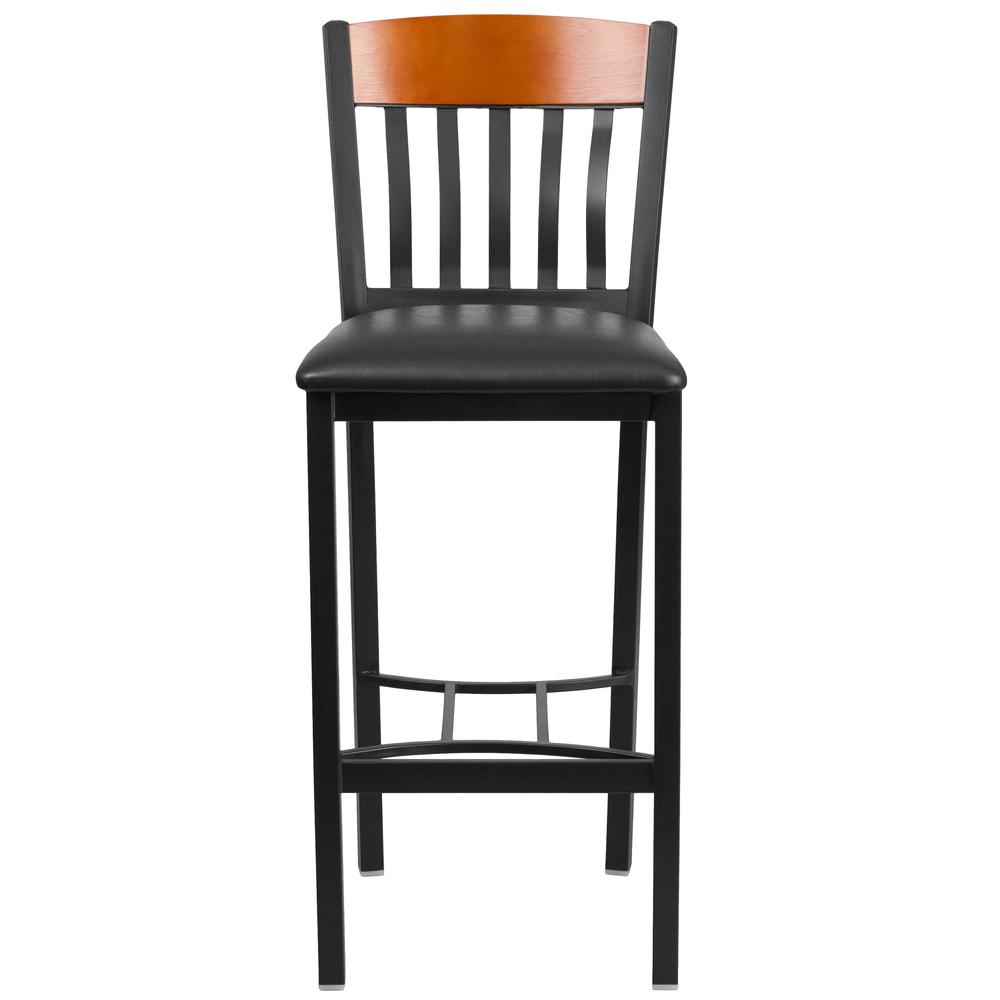 Eclipse Series Vertical Back Black Metal And Cherry Wood Restaurant Barstool With Black Vinyl Seat By Flash Furniture | Bar Stools | Modishstore - 4