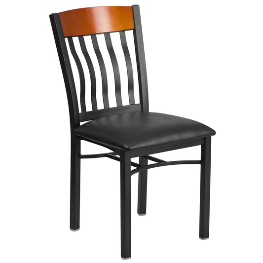 Eclipse Series Vertical Back Black Metal And Cherry Wood Restaurant Chair With Black Vinyl Seat By Flash Furniture | Dining Chairs | Modishstore