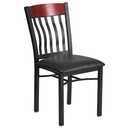 Eclipse Series Vertical Back Black Metal And Mahogany Wood Restaurant Chair With Black Vinyl Seat By Flash Furniture | Dining Chairs | Modishstore