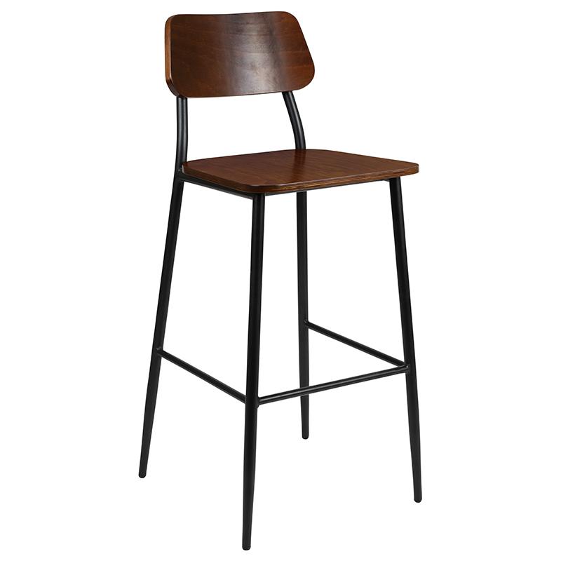 Industrial Barstool With Gunmetal Steel Frame And Rustic Wood Seat By Flash Furniture | Dining Chairs | Modishstore - 2
